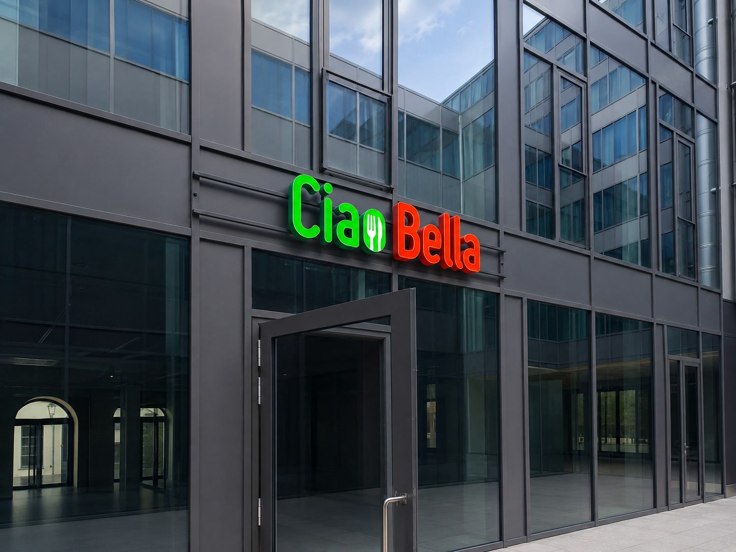 Ciao-Bella-Lichtwerbung aus einer kontrastreichen Perspektive