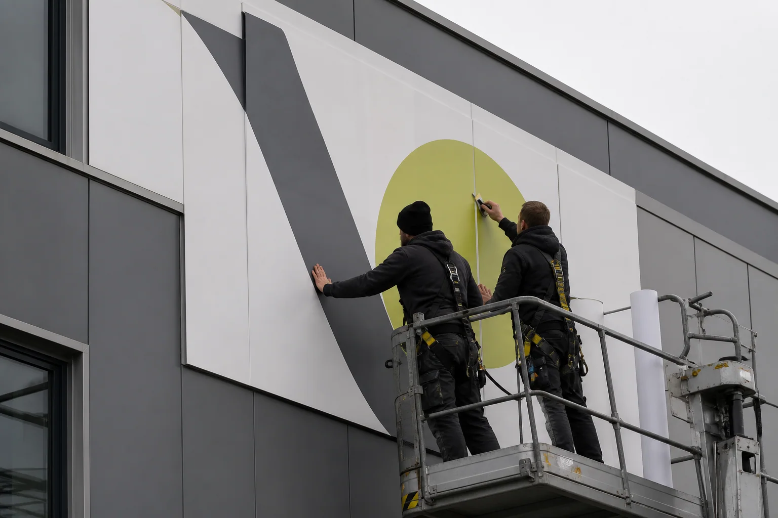 Gestaltete Gewerbefassade mit markanter Foliengrafik